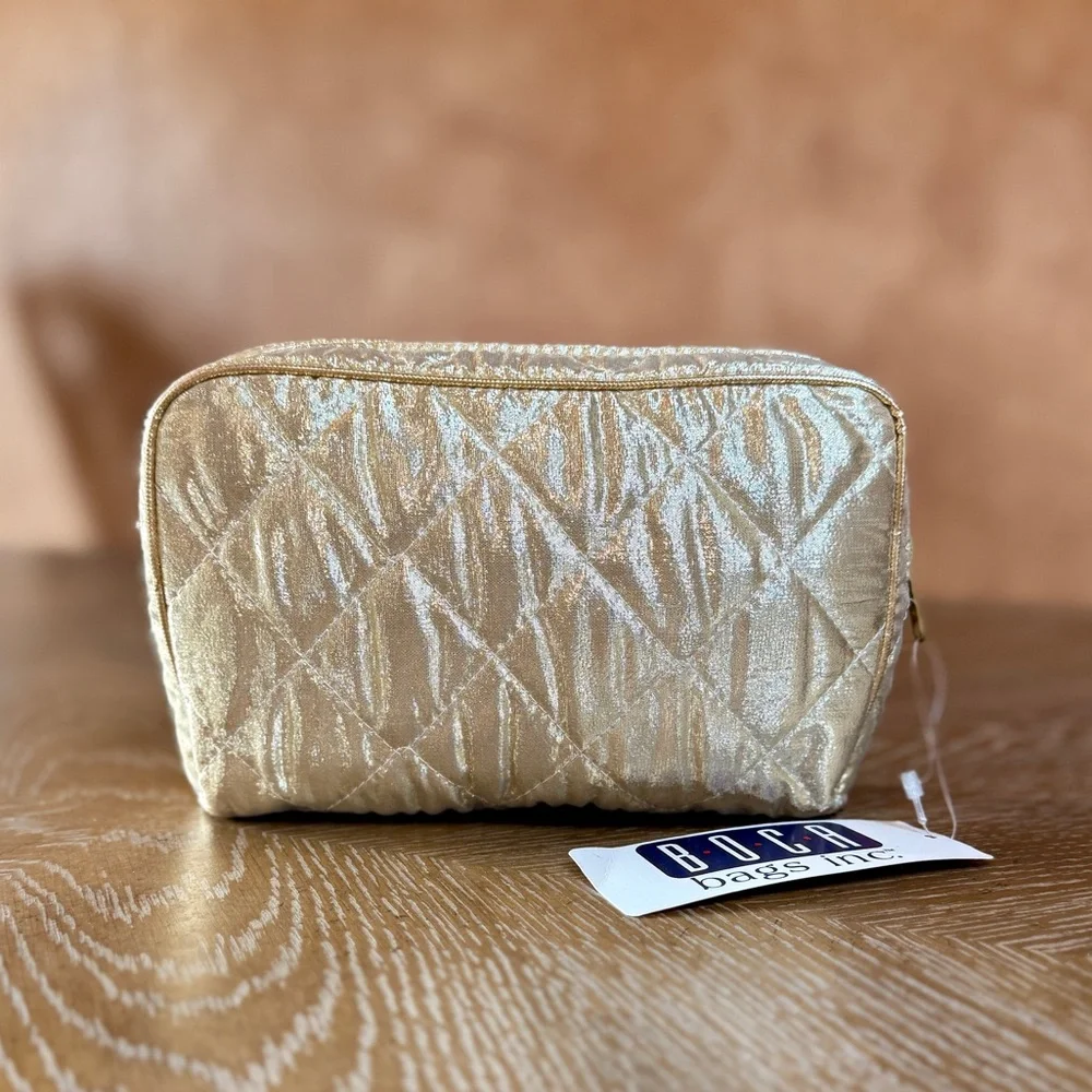Boca Bags Inc Quilted gold cosmetic bag zip closure